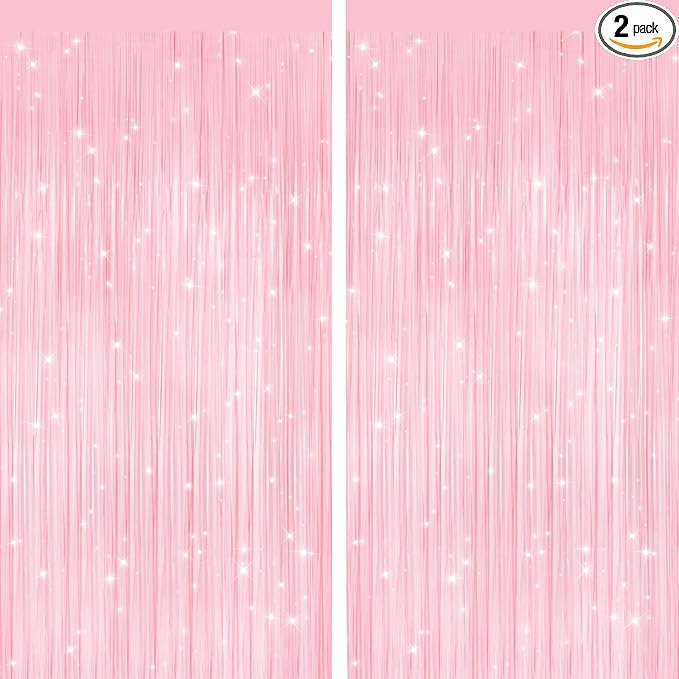 2 Pack Pastel Pink Metallic Tinsel Foil Fringe Curtains, Door Streamers Photo Booth Backdrop for Birthday Party, Tinsel Cu...