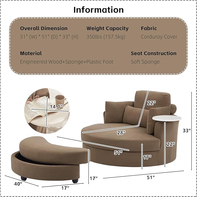 Yoglad Oversized Round Swivel Accent Chair - 360 Degree Chairs with Ottoman Armrest Tray Ideal for Living Room, Bedroom(Corduroy Brown)