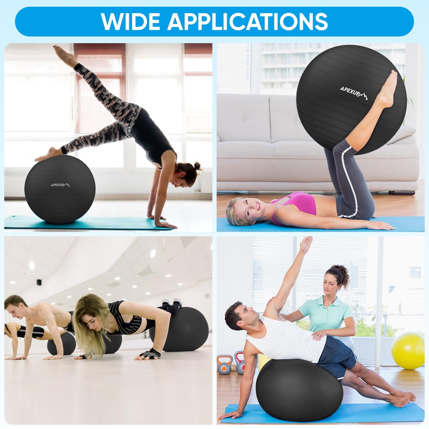 APEXUP Yoga Ball Exercise Ball, Anti Slip Stability Ball Chair, Heavy Duty Large Gym Ball for Fitness, Balance, Core Workout and Physical Therapy (XL (27"~30") 75cm, Black)