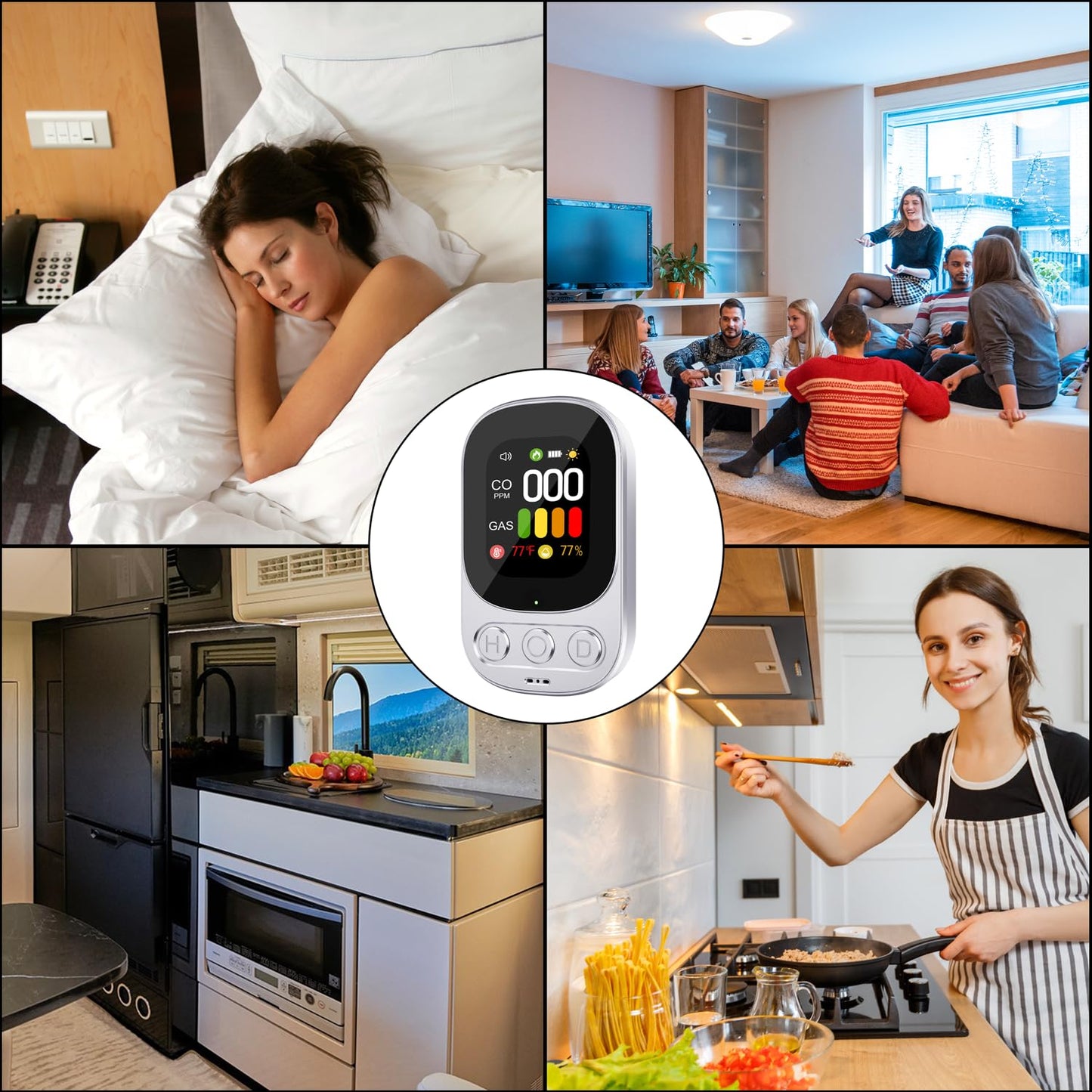 4 in1 Plug in Carbon Monoxide Detectors & Natural Gas Combination Built-in Backup Battery & 2.1'' HD Screen [CO Gas Temp Humidity] Propane Methane Combustible Gas Alarm (White)