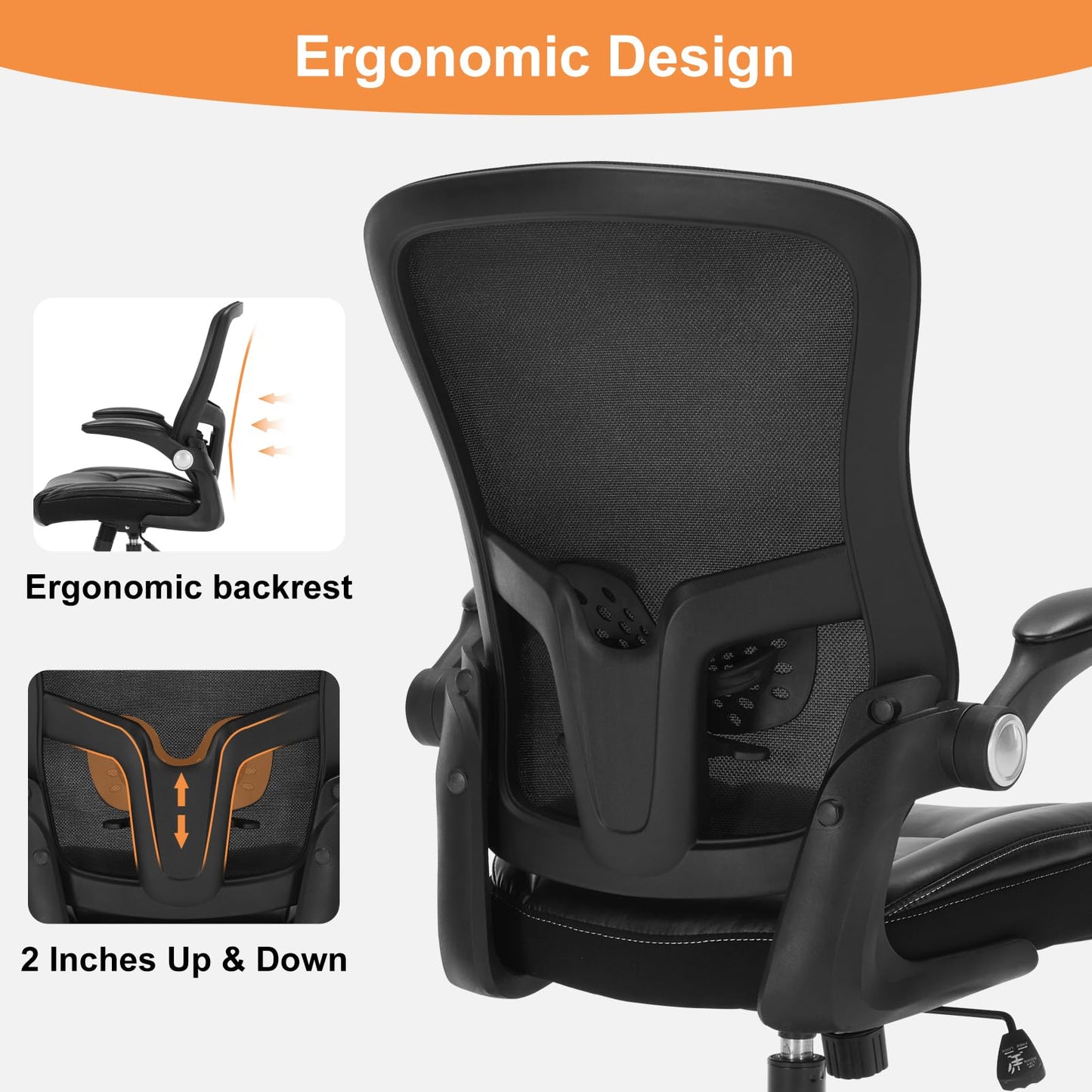 Ergonomic Office Chair, Adjustable Flip-Up Armrest Desk Chair with Lumbar Support, 360° Swivel Breathable Mesh Computer Chair, Adjustable Height Executive High Back Office Chair for Home Office