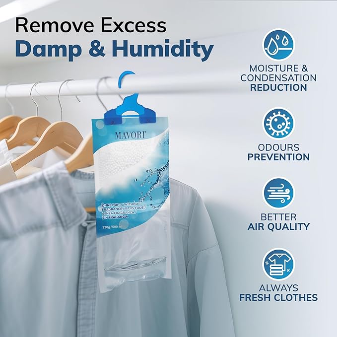 Hanging Moisture Absorber Bags, Dehumidifier Bags for Closet, Wardrobe and Laundry Room, Reduce Moisture, Odors, and Dampness, Long-Lasting Humidity Control, 16.9 oz per Bag (Pack of 10)
