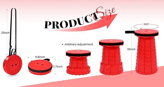 FXKS 2 Pack Upgraded Collapsible Stool Folding Stool with Cushion,Retractable Folding Stool Max Load Capacity 400lbs, Portable Telescoping Stools for Camping Hiking Outdoor BBQ -Red