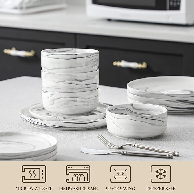 MALACASA Plates and Bowls Sets, 12 Pieces Porcelain Dinnerware Sets Dishware Sets Chip Resistant Ceramic Dish Set Dining Dinner Ware Service for 4, Marble Grey, Series LUNA
