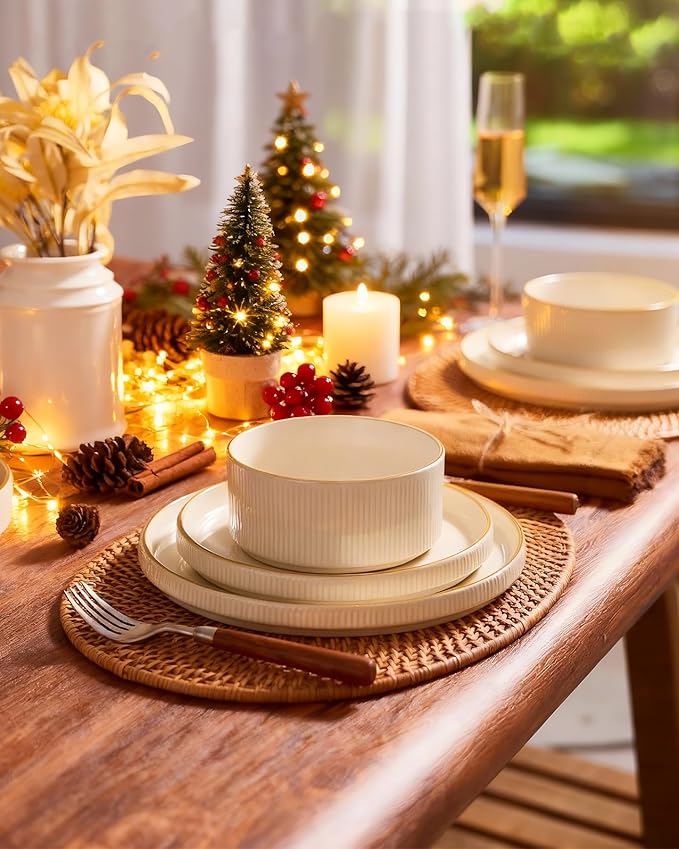 Famiware Star Dinnerware Set with Pasta Bowls, Service for 6 (24 Pieces), Ribbed Stoneware Plates and Double Bowls Sets with Trim - Chip & Scratch Resistant, Microwave & Dishwasher Safe Dishes, White