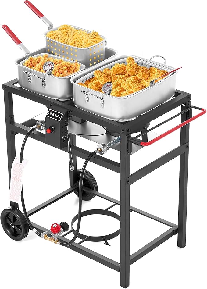 Fire Riot Deep Fryer with Double Burner Propane Stove Outdoor, 2×18QT Aluminum Pots & Frying Baskets, 100,000 BTU High-Pow...