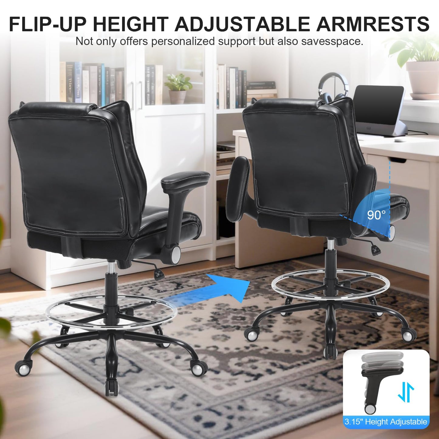 Office Drafting Chair, Tall Desk Chair with Adjustable Armrests and Footrest Ring PU Leather Standing Desk Chair with Extra Thicken Seat Cushion, Comfy High Office Chair for Counter Height Desk, Black
