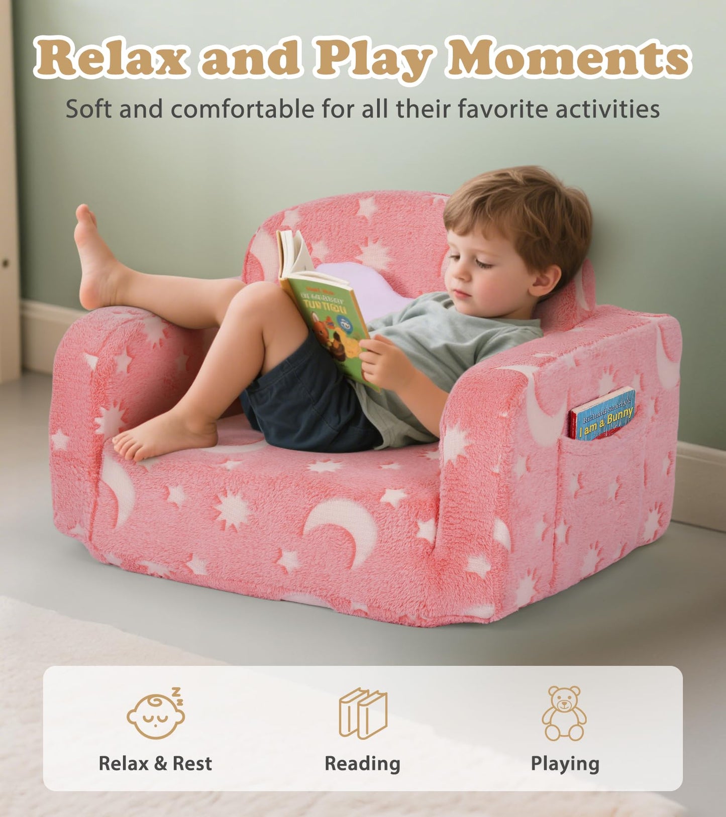 Kids Couch, 2-in-1 Soft Toddler Couch Fold Out with with Blanket and Cloud Pillow, Glow in The Dark, Convertible Sofa Comfy to Lounger, Gifts for Kids Girl Boys, Medium Pink Moon