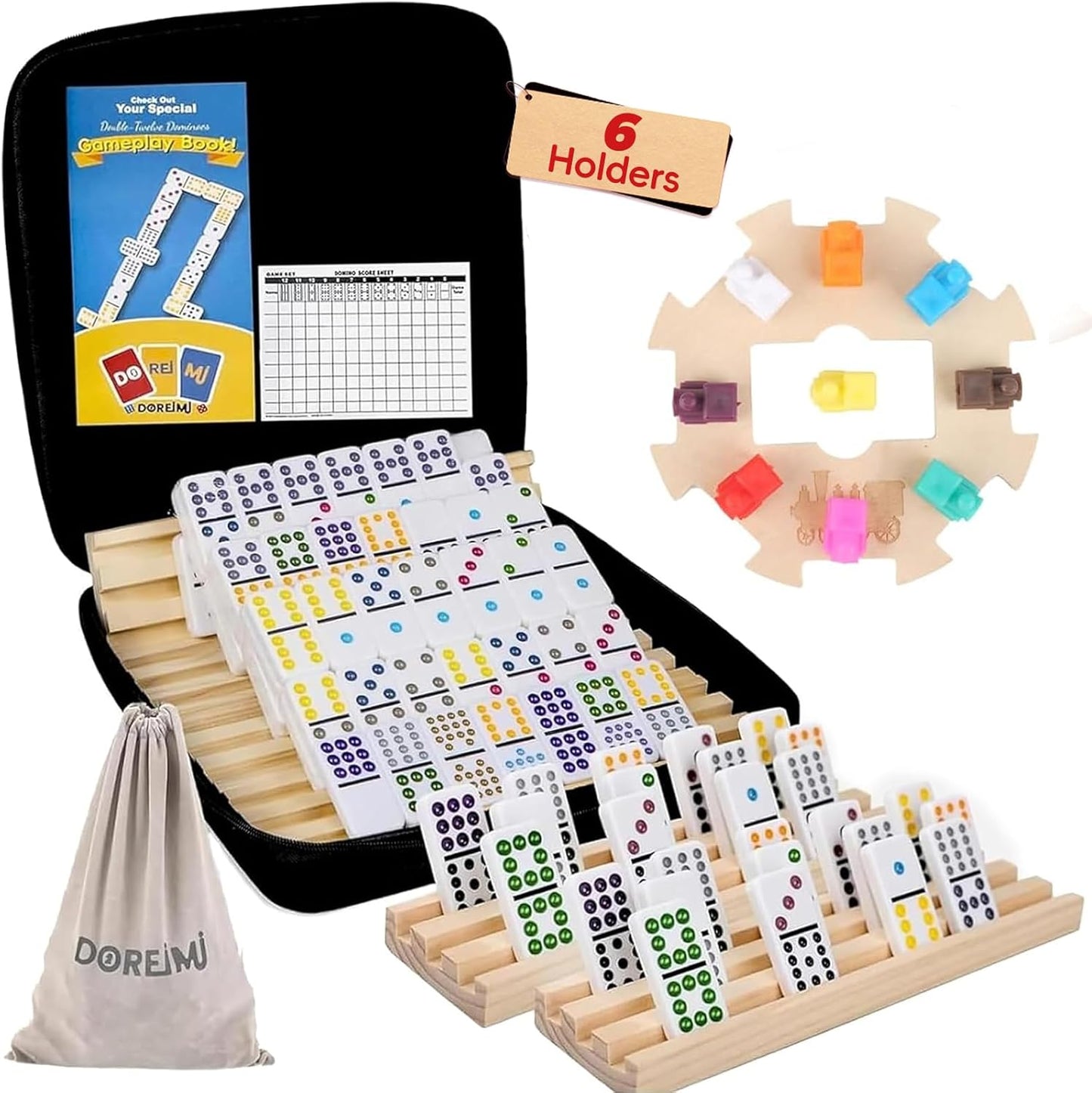 Mexican Train Dominoes Set with 6 Wooden Holders, Double 12 Colored Dot Dominoes with Update Hub, Travel Train Game with 91 Tiles and Portable Carry Case, Family Board Team Games