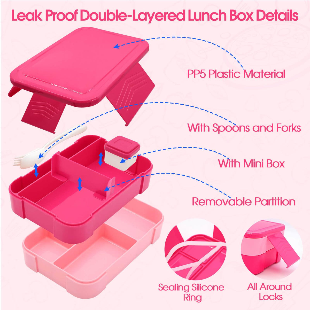 Bento Lunch Box Set for Kids with 10oz Thermo Food Jar, Leak-Proof Lunch Containers with 6 Compartment, Nylon Preppy Lunch Bag with Adjustable Strap for Girls School Travel Picnic