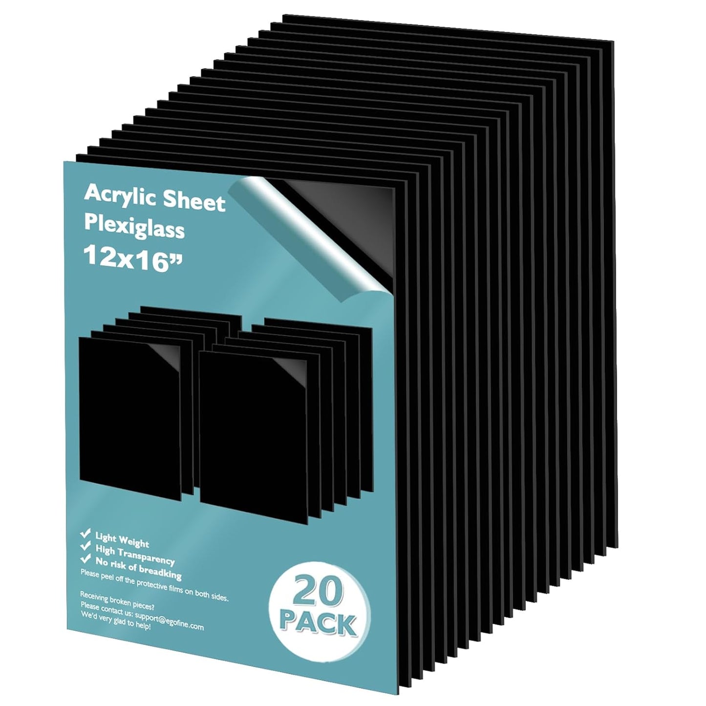 Egofine 12" x 16" Black Plexiglass Sheets 20 Pack 0.04 Inch Cast Acrylic Sheet Thick for DIY Craft Projects, Painting, Photography, Sign, Display Stand, Home Decor, Easy to Cut