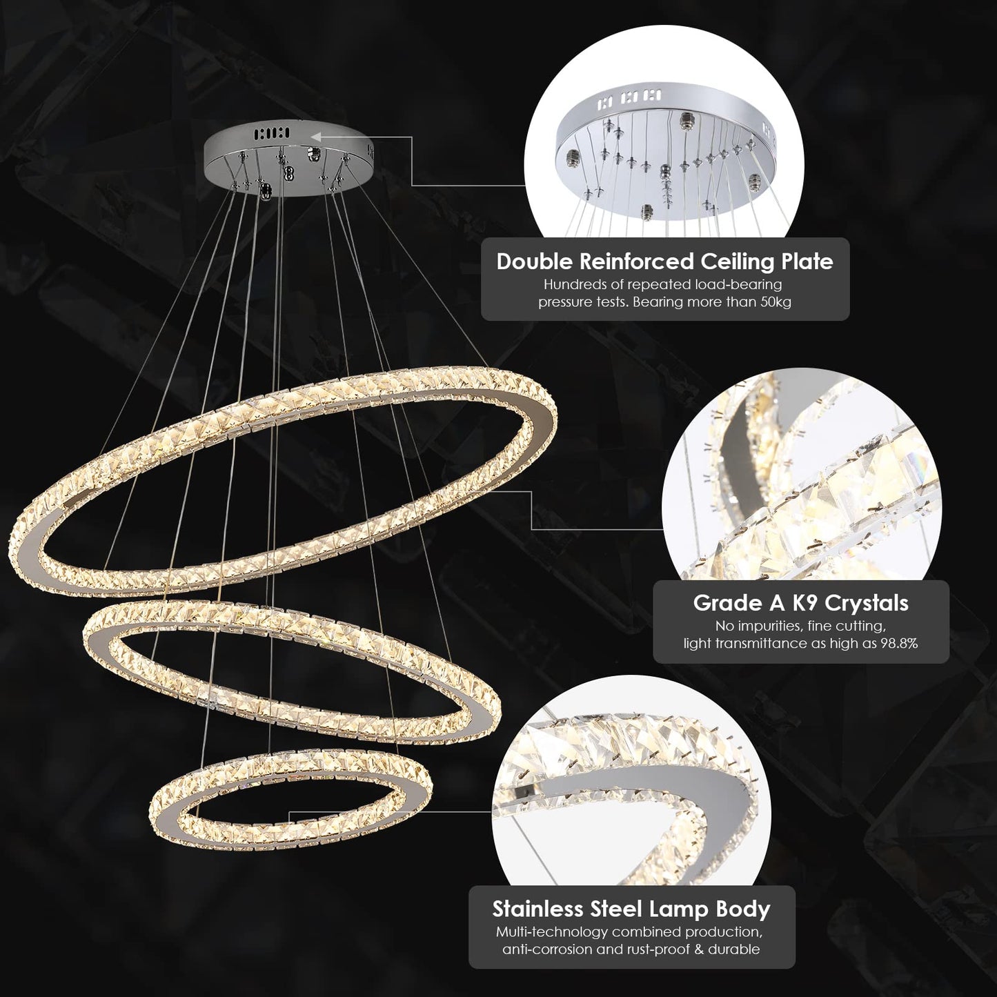 Siljoy LED Chandelier, Modern Ceiling Light Fixture with 3 Crystal Chandelier Lighting Rings, DIY & 3-Color Changing 3 Rings Adjustable Chandeliers for Living Room Dining Room Kitchen, D 12"-20"-28"