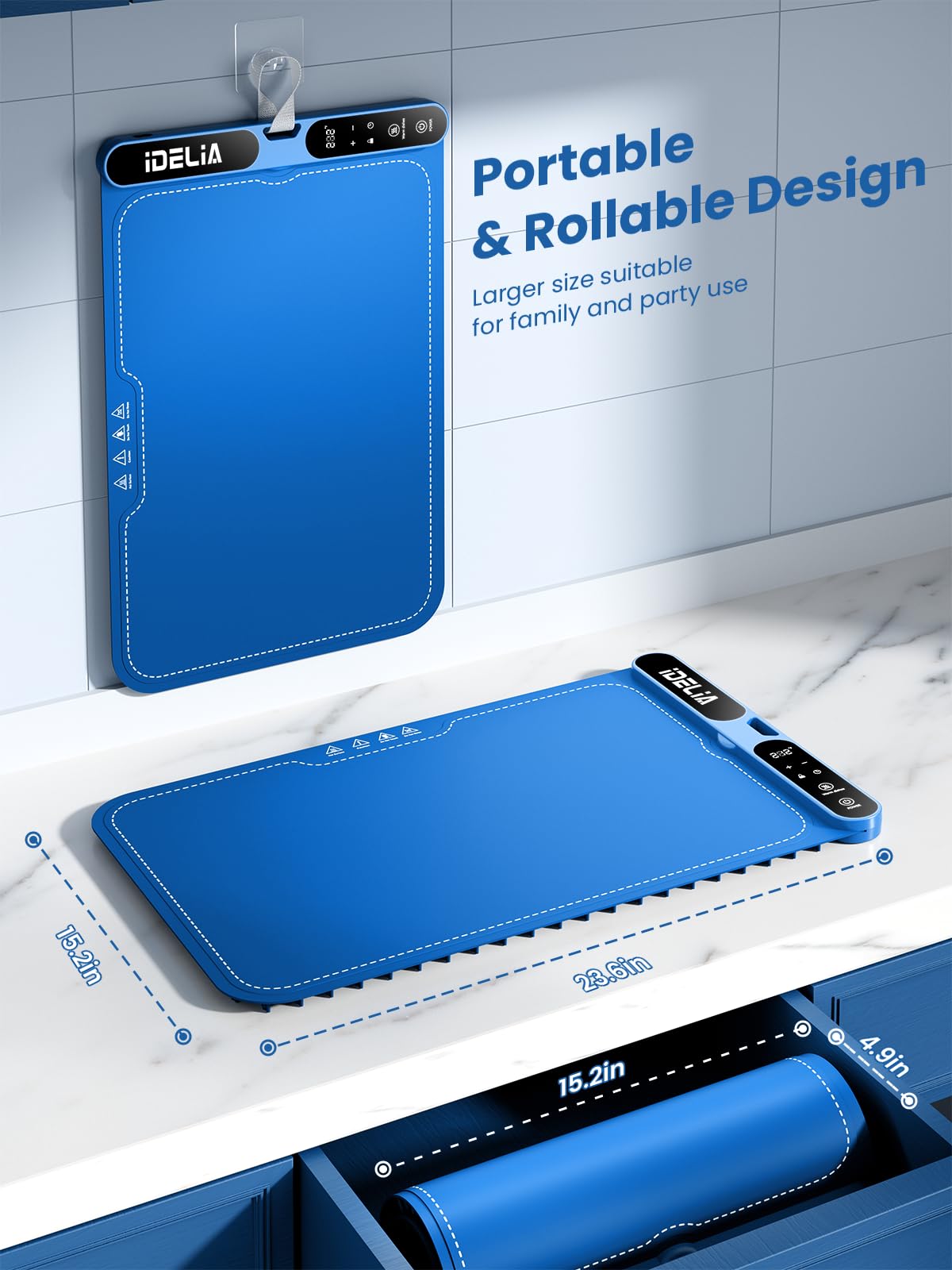 Food Warming Mat Electric Heating - Portable Silicone Warming Tray with 7 Temperature Settings and 8 Hours Timer for Party Buffet Home Travel Kitchen (23.6"x15",Blue)