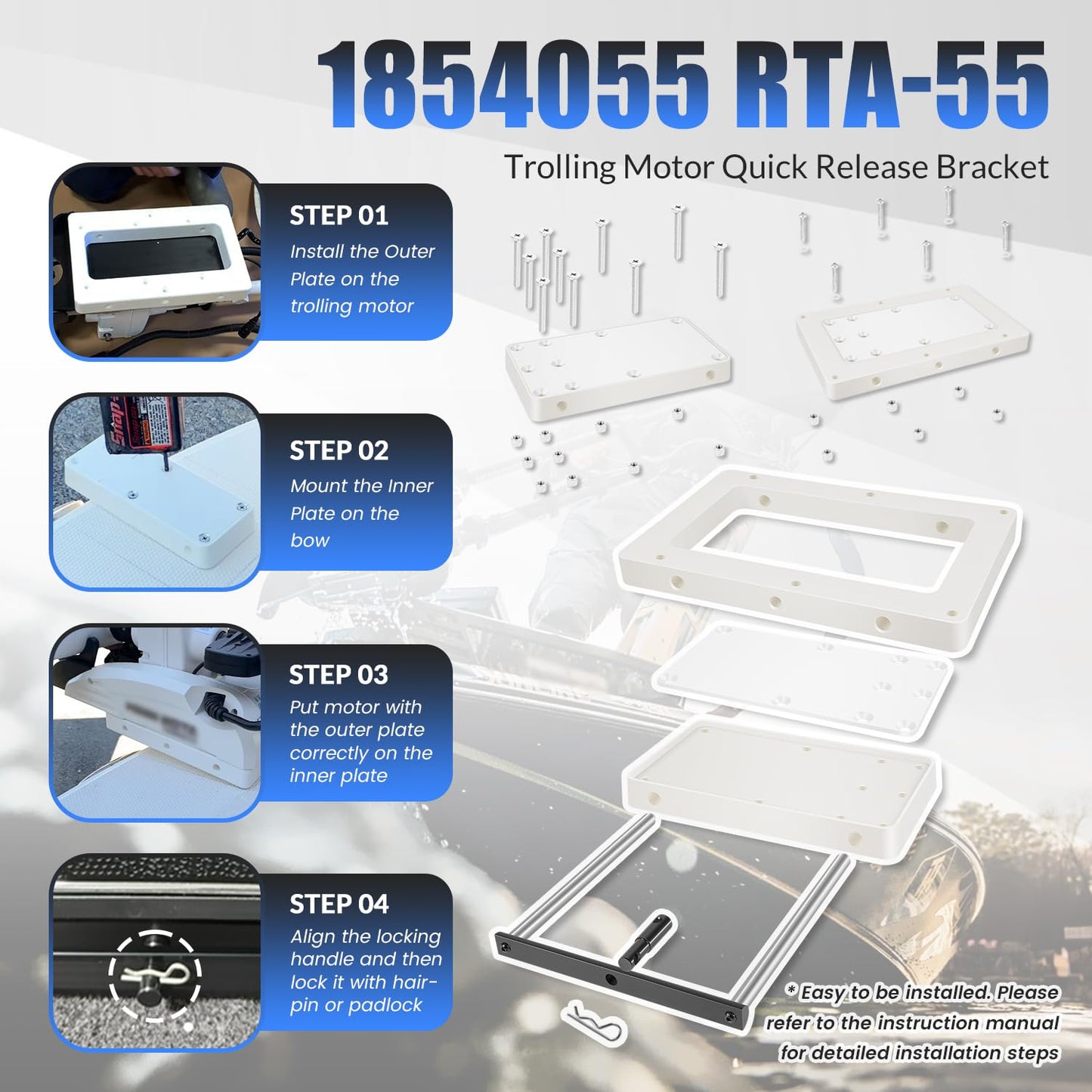 1854055 RTA-55 Quick Release Bracket, Fit for Minn Kota Riptide Instinct, Ulterra, Riptide Terrova, Terrova Quest Trolling Motor, Electric-Steer Trolling Motor Composite Release Bracket, White