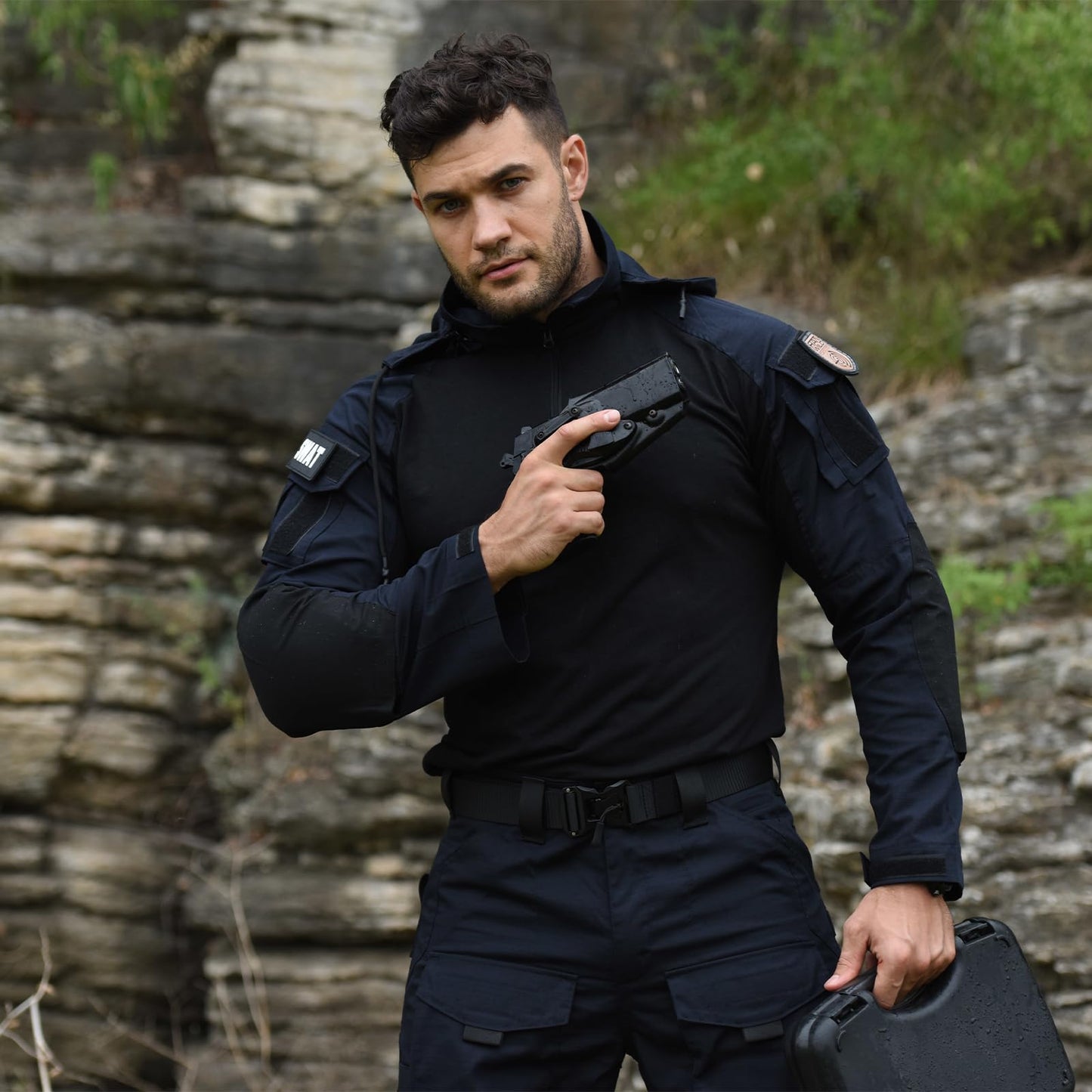 Men's Tactical Shirt Combat Airsoft Long Sleeve Shirts with Elbow Pads Camo Military T-Shirt with Hood