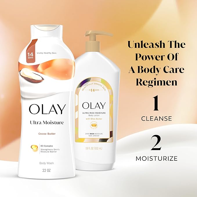 Olay Body Wash for Women, Ultra Moisture, 24hr Moisturizing, Hydrating & Refreshing, B3 Vitamin Complex, Free of Parabens & Phthalates, For All Skin Types, Cocoa Butter Scent, 22 fl oz (Pack of 4)