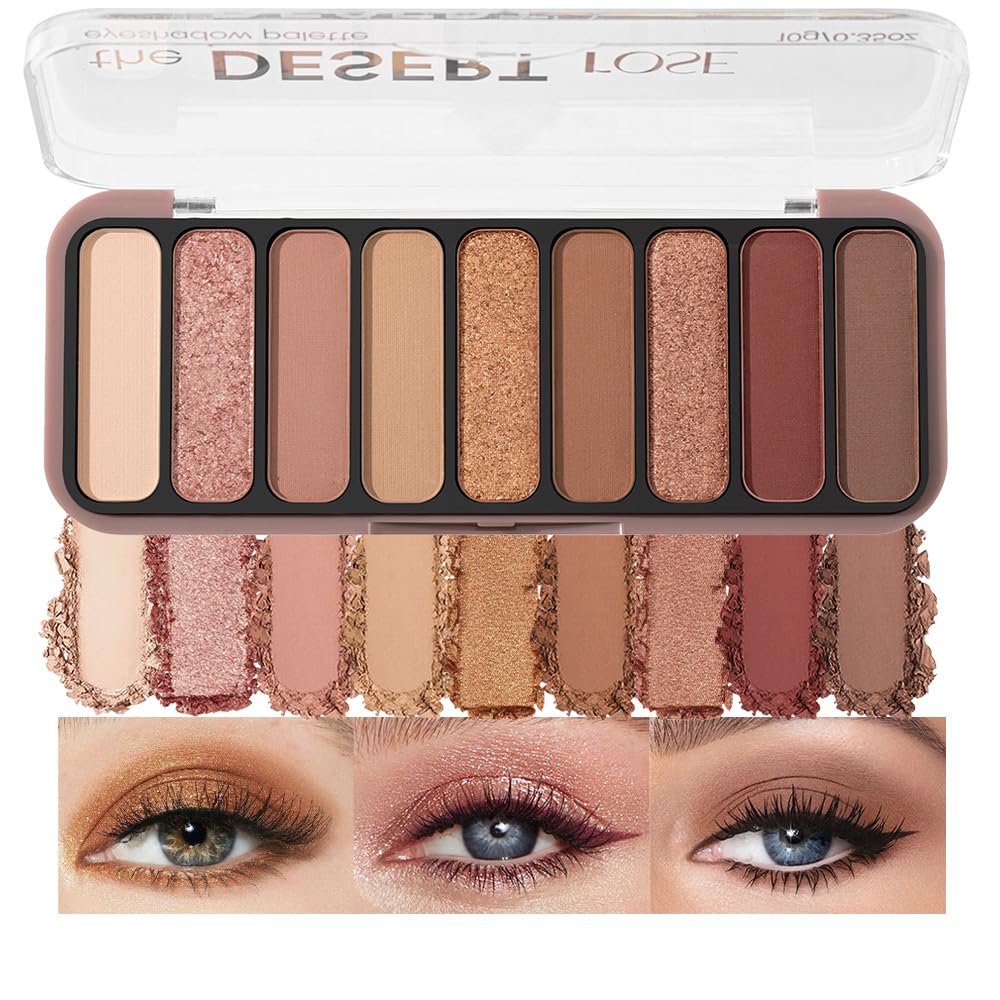 HHLTOH 9-Color Eyeshadow Makeup Palette, Blendable Shimmer & Matte, Caramel Cinnamon Rose Golden Brown Eye Shadow Palette, Long-