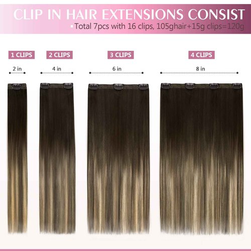 Fimislosion Real Hair Extensions Clip in Human Hair, Seamless Clip in Hair Extensions Real Human Hair, 18 Inch Clip ins extensions for women, Balayage Dark Brown to Middle Brown 120G 7Pcs