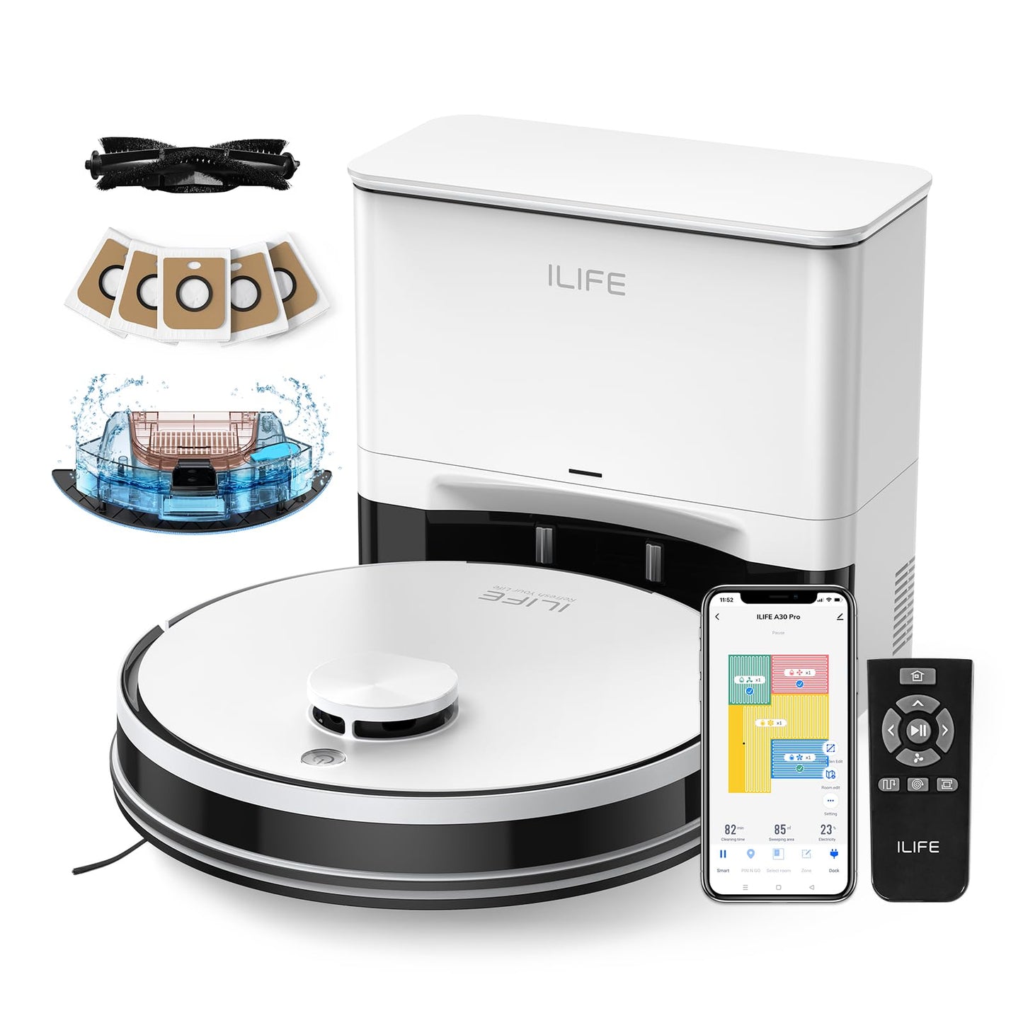 ILIFE A30 Pro Robot Vacuum & Mop, 5000Pa Suction, LiDAR Navigation, Self-Emptying, 2.4G WiFi, Ideal for Hard Floors & Medium-P