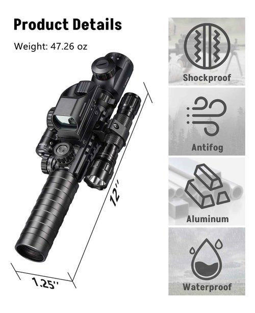 MidTen 3-9x32 5-in-1 Scope Combo with Dual Illuminated Rangefinder Reticle Scope, Laser Sight, Red Dot Sight, Flashlight with 20mm Mount, Green