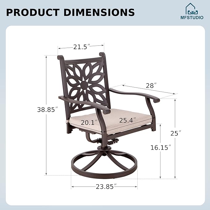 MFSTUDIO Outdoor Dining Chairs Set of 2, Cast Aluminum Patio Swivel Chairs with Wide Seat and 2.8’’ Cushion, Brown Metal Outdoor Swivel Chair Set, Backyard, Deck, 350lbs