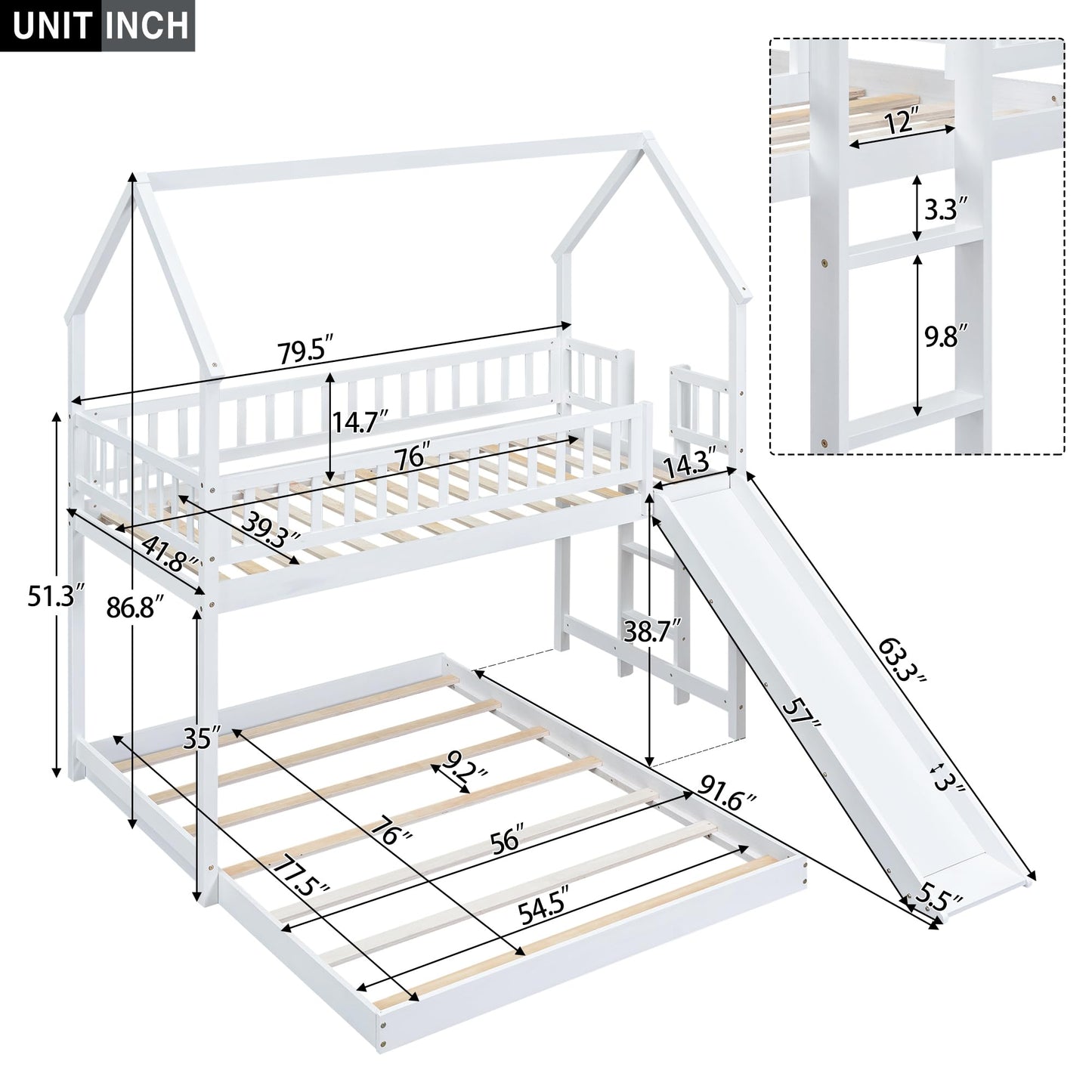 SOFTSEA Wooden House Bunk Bed with Slide and Built-in Ladder, Twin Over Full Wooden Bunk Bed Frame with Full-Length Guardrail, for Girls Boys Bedroom, No Box Spring Needed, White