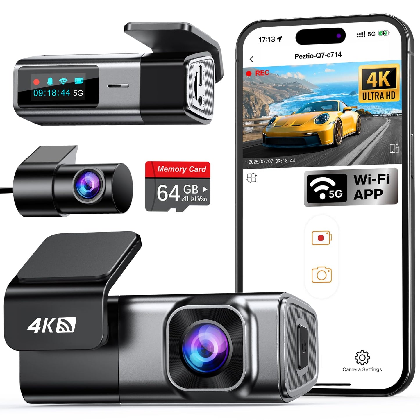 Navycrest 4K Dash Cam Front and Rear with 64GB Card, Built-in 5G WiFi, Dash Camera for Cars 4K Front and 1080P Rear, Dashcams fo