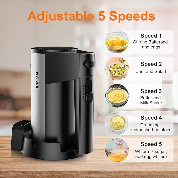 Electric Hand Mixer, 600W Kitchen Handheld Mixer, Turbo Boost/Self-Control Speed + 5 Speed + Eject Button + Stainless Steel Hand Beaters*2 & Dough Hooks*2, Kitchen Mixer for Cream/Cookies/Dough