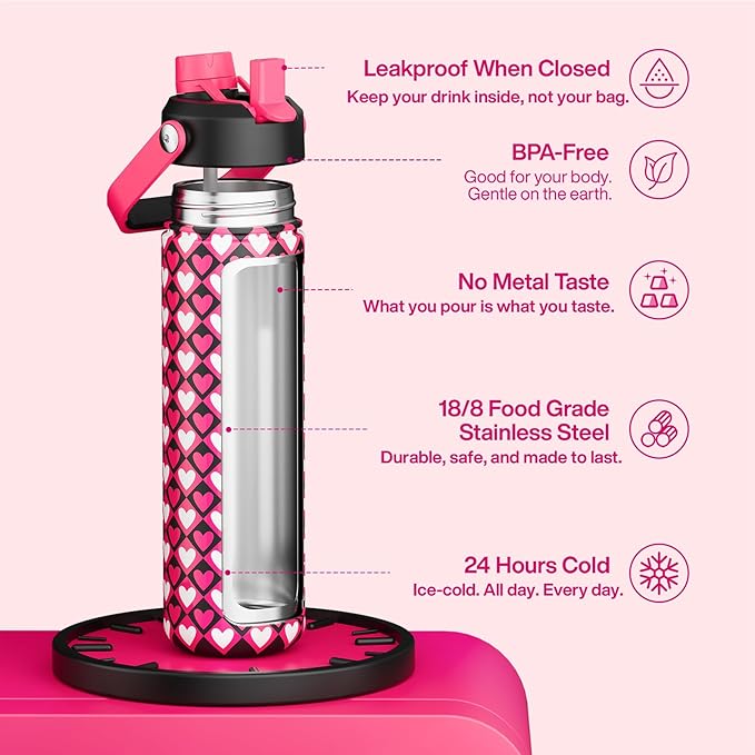 ENCOOL Valentine's Day Insulated Water Bottle with Straw Stainless Steel Water Bottle, Leak-Proof, BPA-Free, Keeps Cold for 24 Hours for Sports, Travel, School (26 oz, Bold Hearts Mono x Red)