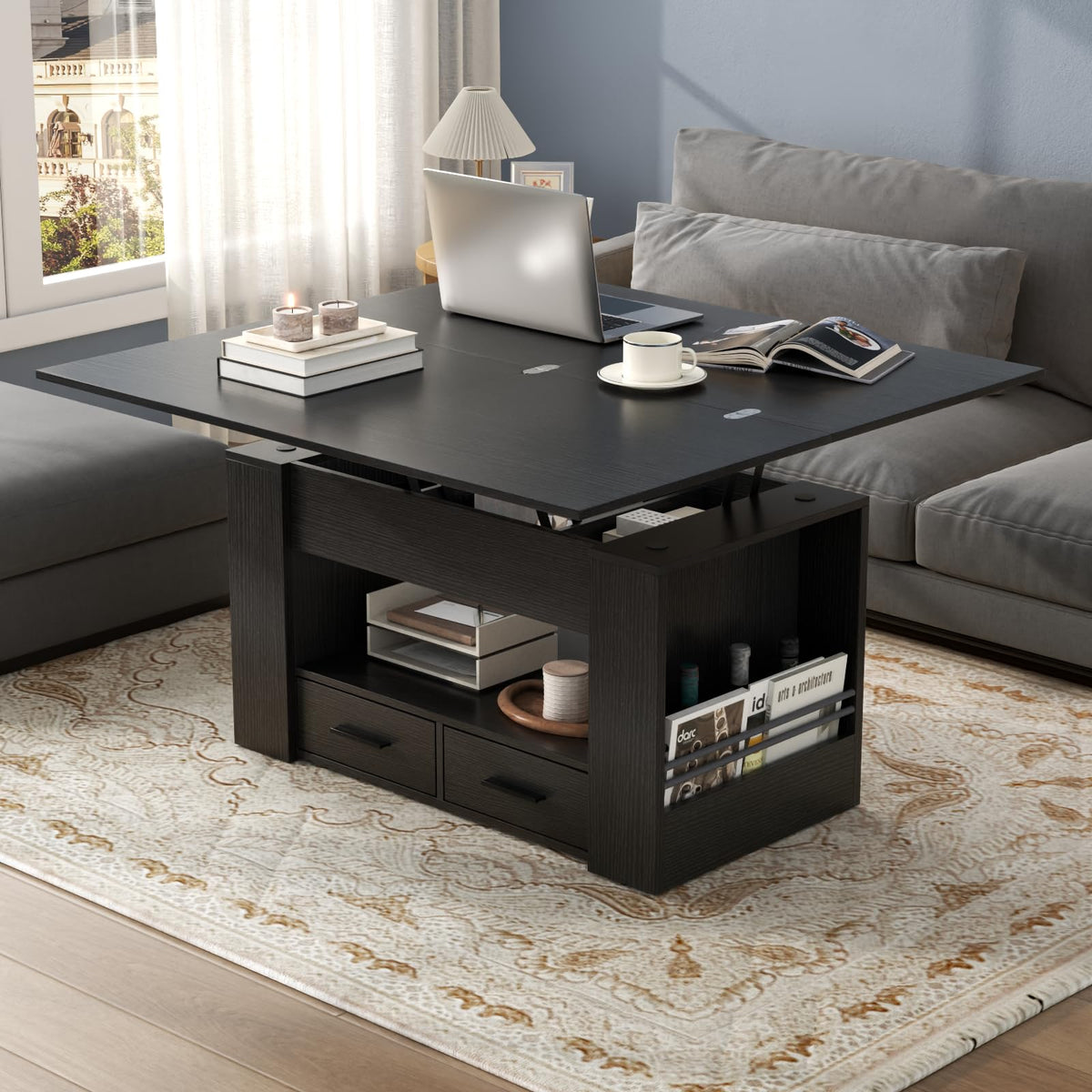 Lift Top Coffee Table, 4 in 1 Multi-Function Coffee Table with Storage Shelf and Hidden Compartment, Center Table with Large Drawers, Converts to Dining Table for Living Room, Home Office (Black)