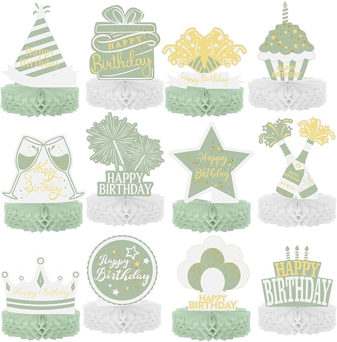 Sabary 12 Pcs Sage Green Birthday Centerpiece Sage Green Table Decoration Happy Birthday Desktop Decoration Honeycomb Cent...