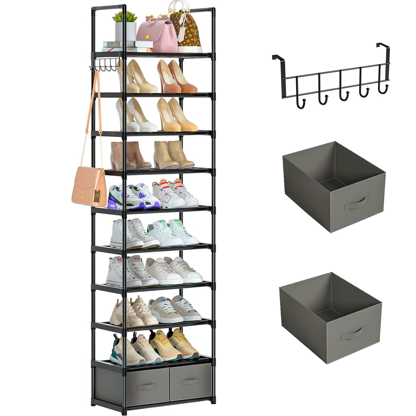 OYREL Tall Shoe Rack Narrow 10 Tier Shoes Rack 20 25 Pairs, Shoe Storage Organizer for Closet, Sturdy Metal Shoe Shelf Shoe Stand with 2 Boxes 1 Hook