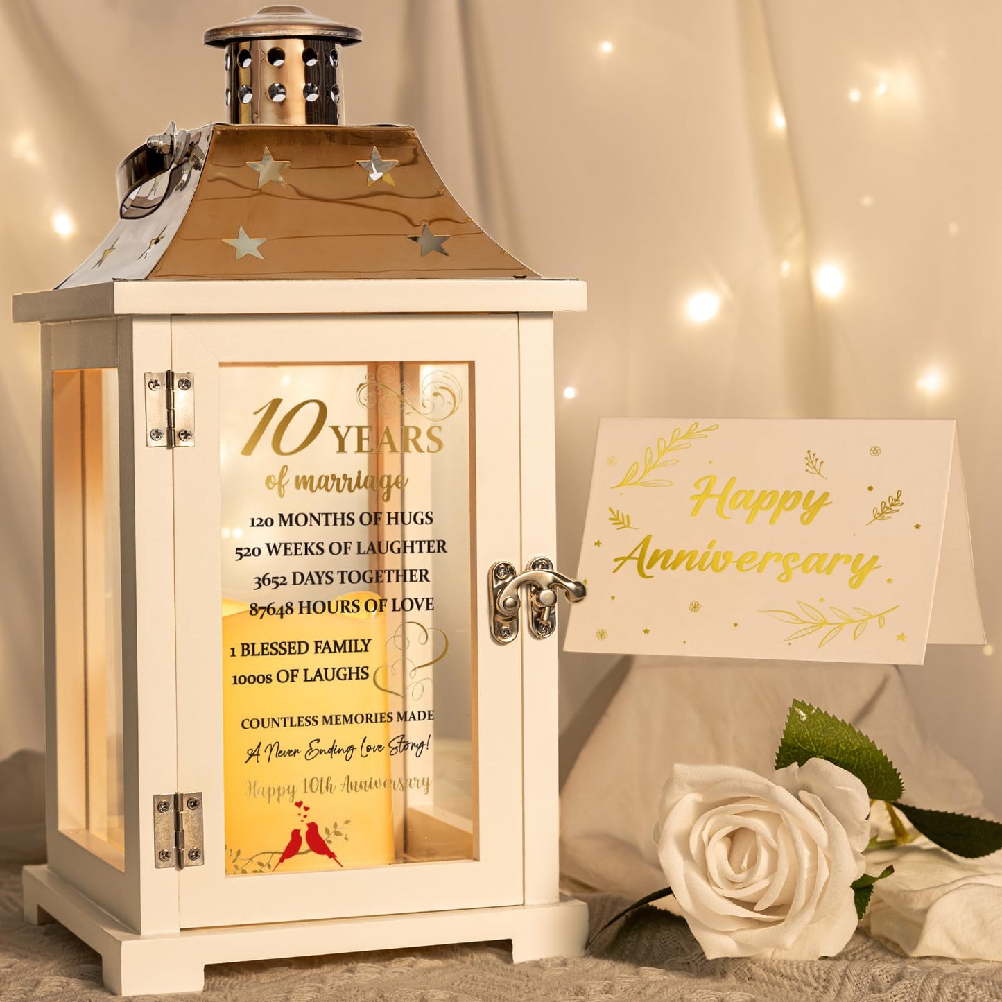 10th Wedding Anniversary Lantern, Happy 10 Years Anniversary Ideas Gift for Wife Husband Couple Parents, Unique Marriage Keepsake Decoration for Him Her Friends