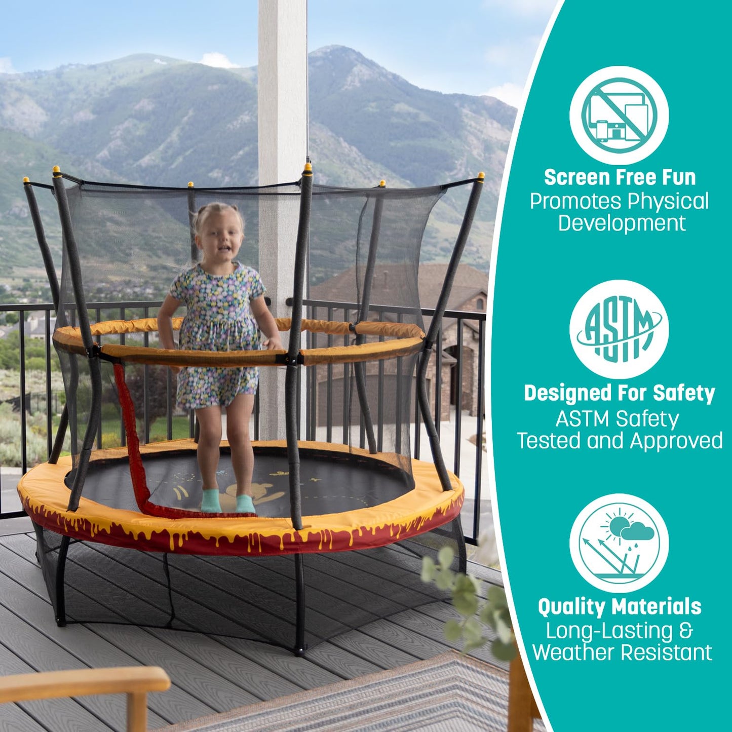 Skywalker Trampolines 60" No-Spring Design Mini Trampoline for Kids and Toddlers with Enclosure Net, Indoor/Outdoor Trampoline with 360-Degree Padded Handlebar, 100lbs Capacity, for Boys & Girls