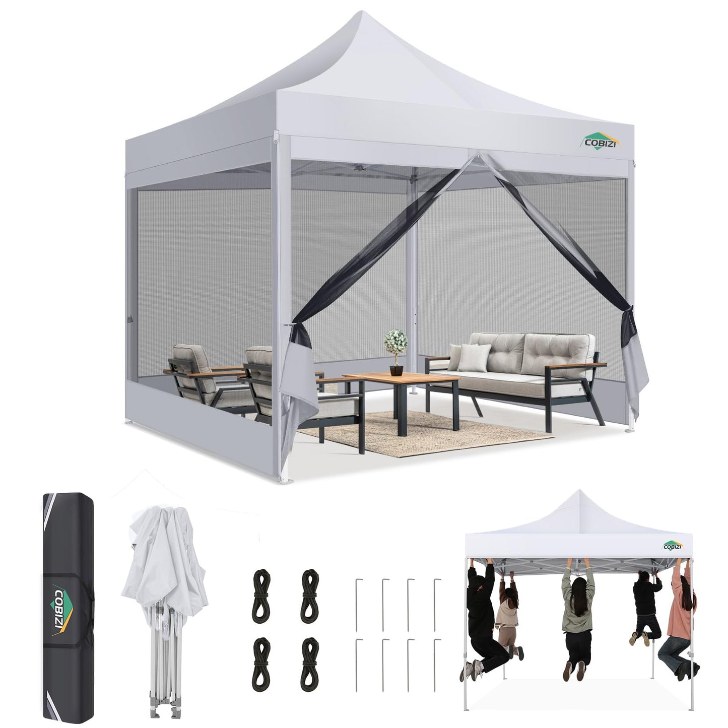 COBIZI Canopy Tent 10x10 Heavy Duty Pop Up Canopy with Sidewalls Waterproof,Easy to Set up Gazebo with Mosquito Netting Outdoor Mesh Screen Tents for Parties Wedding Party with Carry Bag, White