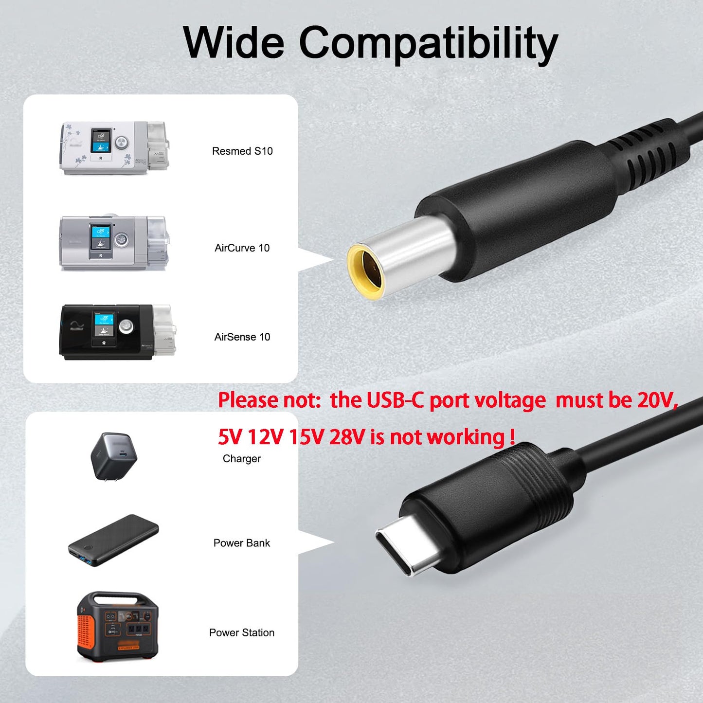 24V 90W USB C DC Converter Power Supply Compatible with Resmed S10 Airsense 10 AirCurve 10 CPAP and BiPAP Supplies CPAP 20V PD to DC 24V Power Cable Portable Design Wide use pd USB c Power Bank