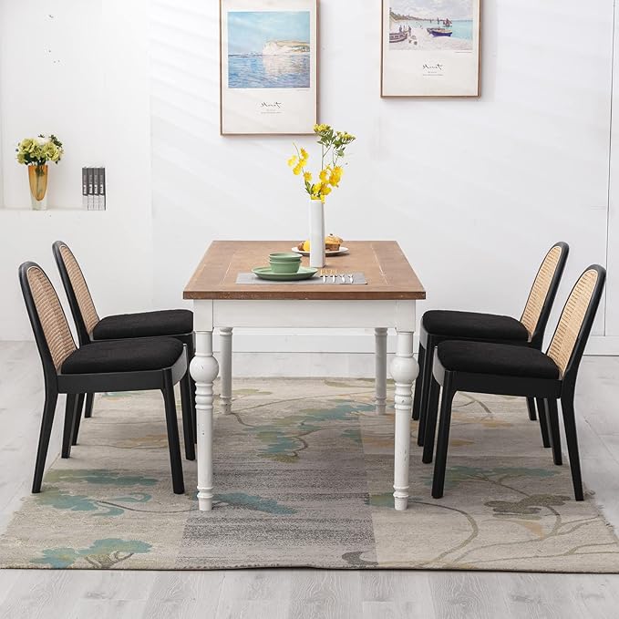 DUOMAY Mid-Century Modern Rattan Dining Chairs Set of 4, Wooden Dining Room Chair with Cane Backrest and Padded Seat, Black Sherpa Upholstered Dining Chair, Black Finish