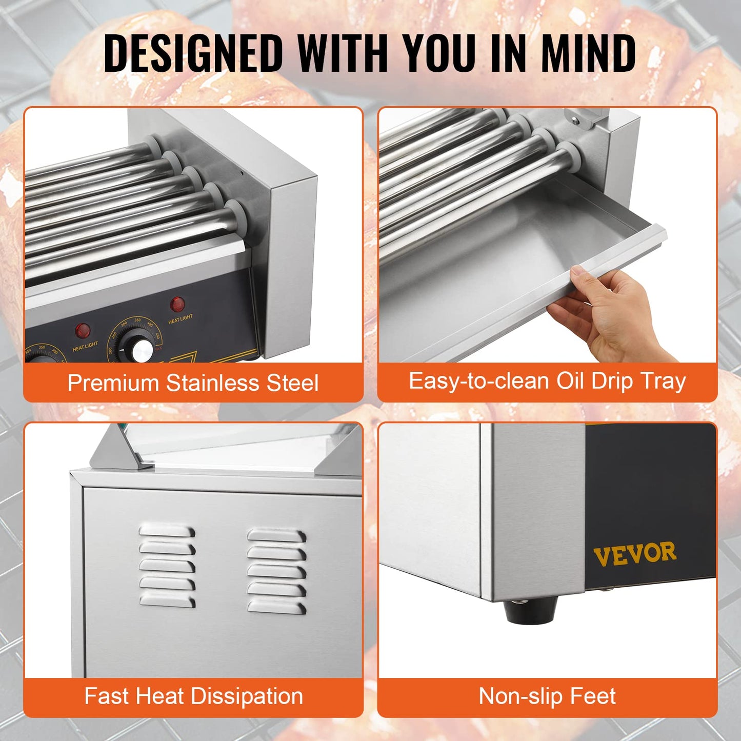 VEVOR Hot Dog Roller 5 Rollers 12 Hot Dogs Capacity, 750W Stainless Sausage Grill Cooker Machine with Dual Temp Control Glass Hood Acrylic Cover Bun Warmer Shelf Removable Oil Drip Tray ETL Certified
