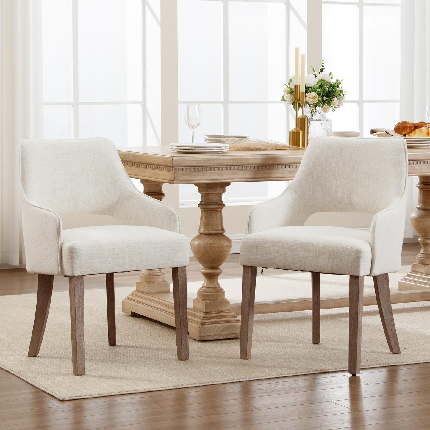 Kmax Linen Fabric Dining Chairs Set of 4 Upholstered Side Chairs Farmhouse Accent Chairs with Open Back Wood Legs for Dining Room Guest Room Restaurant, Cream(Wider Seats)