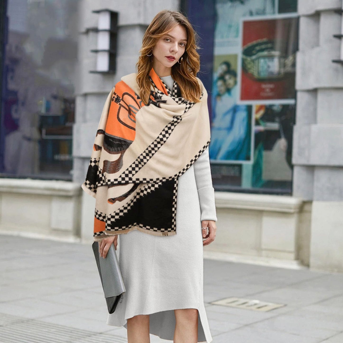 Aurolran Scarfs for Women Pashmina Silky Shawl Wrap for Evening Dressing Blanket Open Front Poncho Cape (SCF001-Beige-orange-horse)