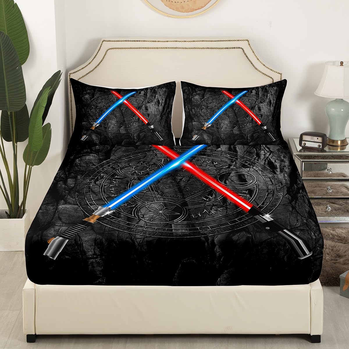 Lightsaber Fitted Sheet Twin Size,3D Neon Blue Red Bedding Set 2 Pcs with 1 Pillowcase,Geometric Sun Moon Pattern Bed Sheets,Kids Boys Teens Room Decor,Black Cool Deep Pocket Sheet, (No Flat Sheet)