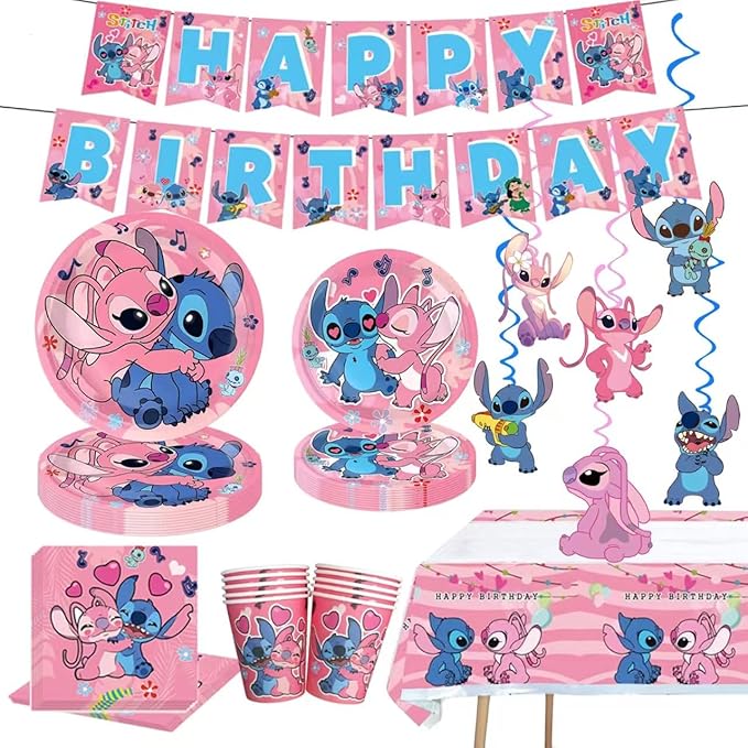 88Pcs pink Stitch Party supplies, including banners, plates, paper cups, tissues, pendant decorations, perfect for Stitch ...