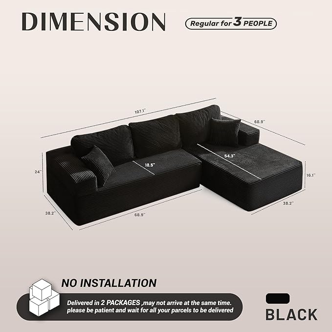 Afuson 107" Boneless Couch with Deep Seat, Modular Sectional Sofa, Cloud Sectional Couch for Living Room, No Assembly Required, Corduroy, L-Shape Right, Black