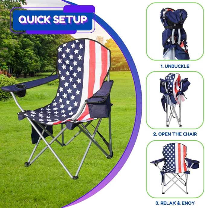 EZONE 4-Pack Camping Chairs with Built-in Ice Cooler, Portable Chair, Storage Pocket, Cup Holder, and Carry Bag Perfect for Camping, Tailgating, Fishing, Beach, and Lawn (4, Flag)