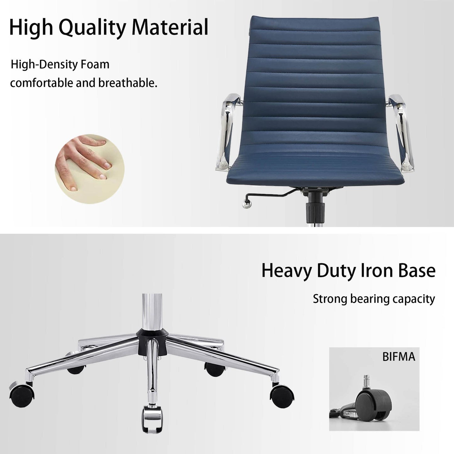 Office Desk Chair,Modern Conference Room Task Chairs,Leather Computer Swivel Excutive Ribbed Ergonomic Rolling Chair for Home Office Desk Chair （Navy）