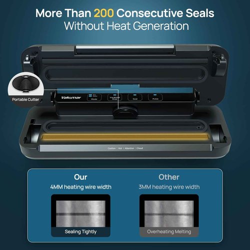 Vakumar Vacuum Sealer Machine, 80Kpa Food Vacuum Sealer Machine with Double Pump, Dry,/Moist, Pulse Mode, Handle Locked Design, LED Indicator Light & Cutter,12MM Widened Heating Strip