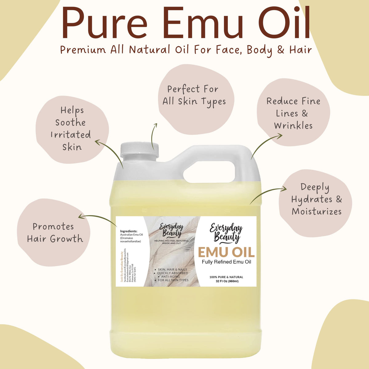 Pure Australian Emu Oil Bulk 32 Fl Oz - All Natural 6X Refined for Face, Skin and Hair - Highly Effective Hydration for Sensitiv