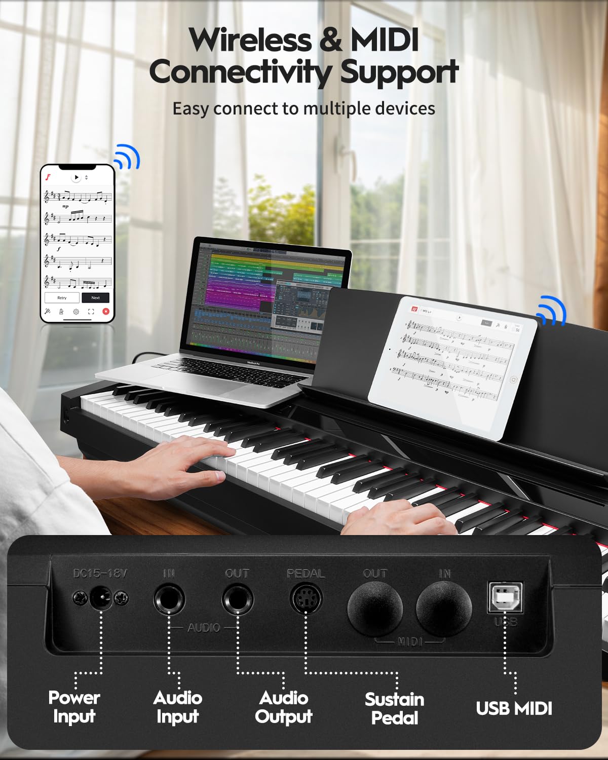 STRICH Digital Piano 88 Key Full Size Weighted Keyboard, Hammer-Action Portable Electric Piano For Beginner Adults, Bundle With Sustain Pedal, Piano Stickers, Music Rest, Black, SDP-P7