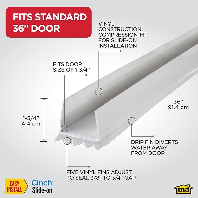 M-D Building Products Vinyl Cinch U-Shape Door Bottom Seal, Slide-On Weatherstripping Draft Stopper, Easy to Install, Fits 36” x 1-3/4” Doors, Fills 3/8”- 3/4” Gaps, 43339, White 2 Pack