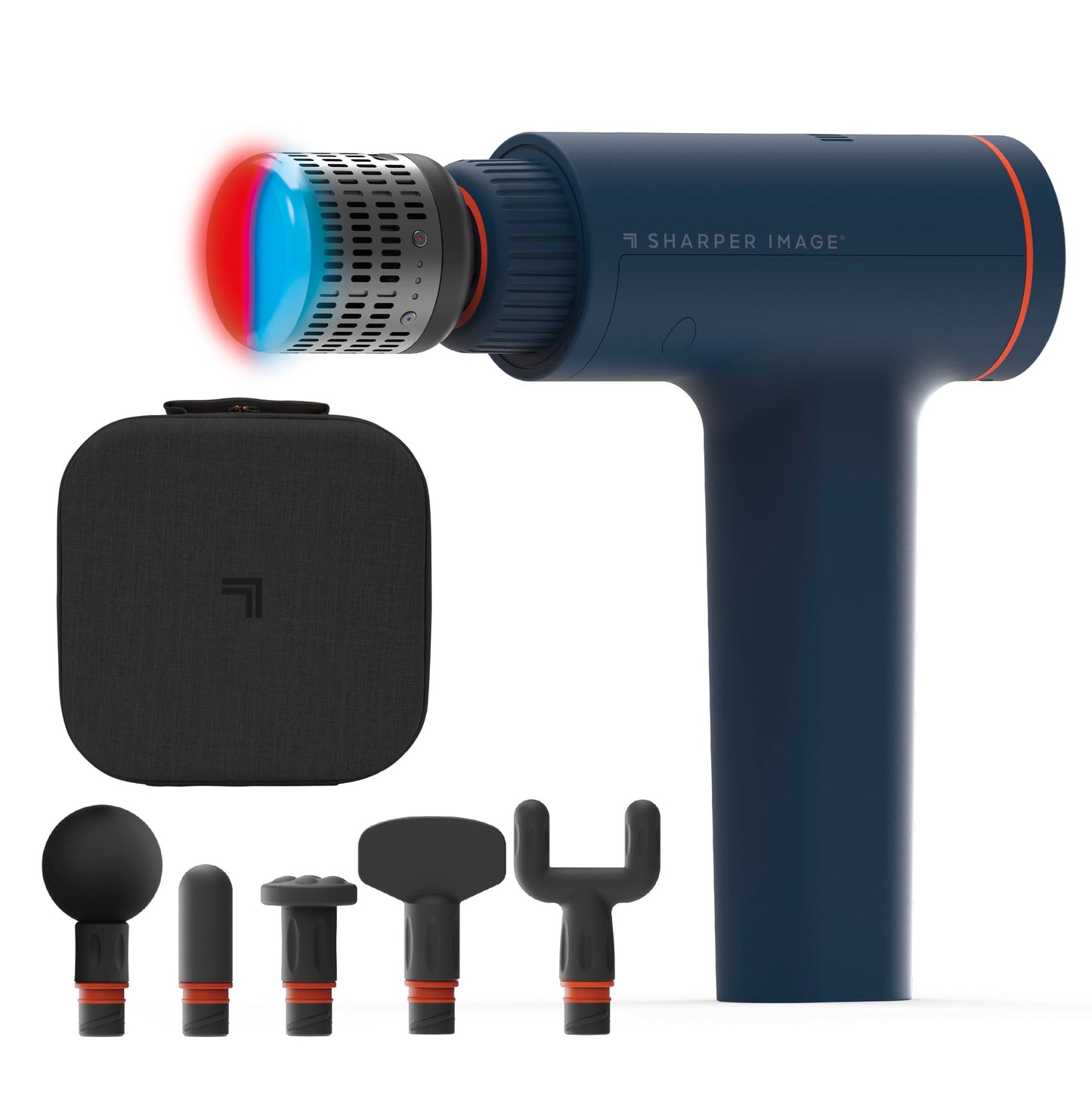 Sharper Image Deep Tissue Percussion Massage Gun, Powerboost Versa Hot & Cold Rechargeable Handheld Massager, 5 Adjustable Speeds, 6 Attachment Heads & Carrying Case, for Muscle Pain Relief, Blue